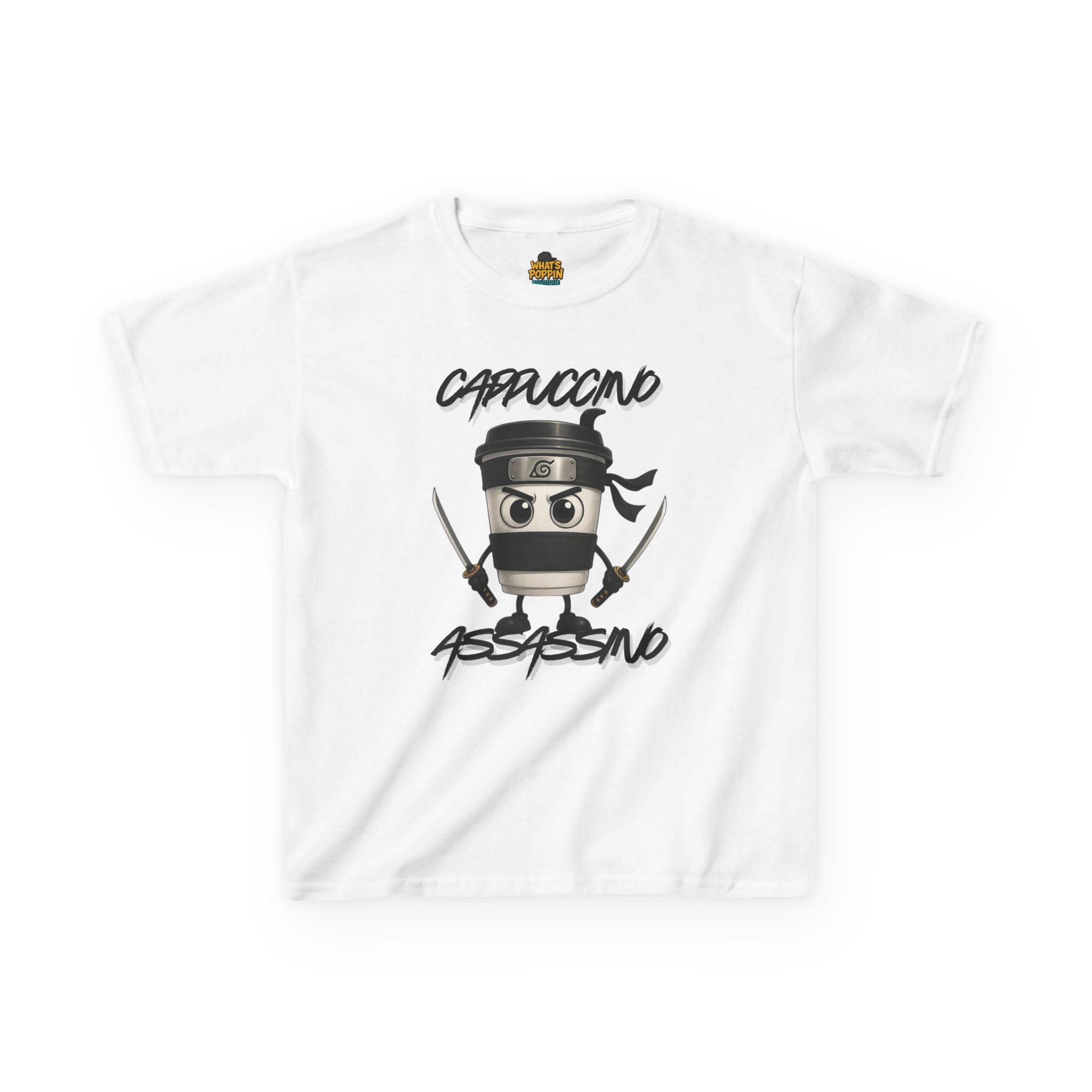 Cappuccino Assassino Kids T-Shirt – Funny Italian Brainrot Meme Tee | Silly Coffee Cup Character Shirt | Viral Trend Kids Graphic Tee