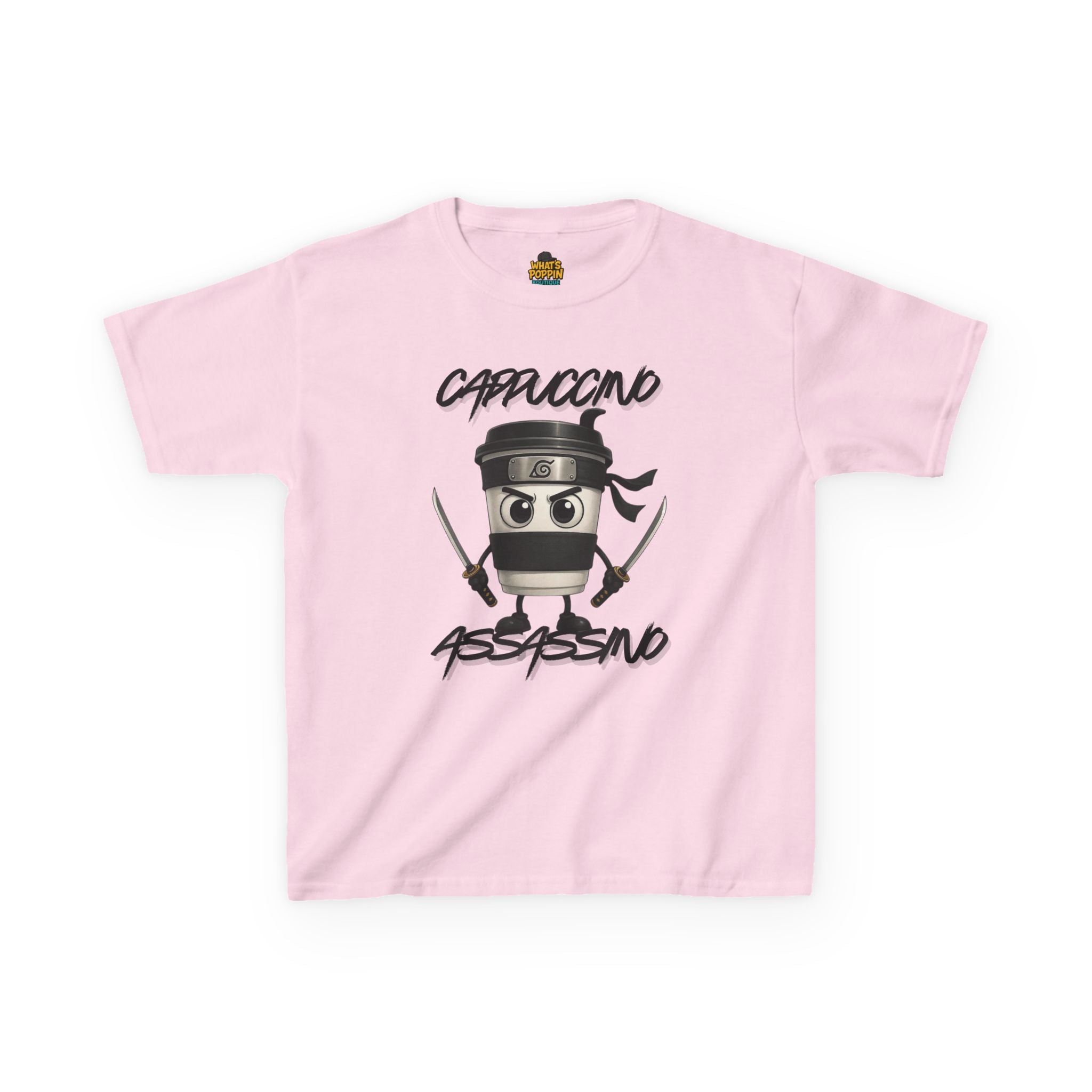 Cappuccino Assassino Kids T-Shirt – Funny Italian Brainrot Meme Tee | Silly Coffee Cup Character Shirt | Viral Trend Kids Graphic Tee