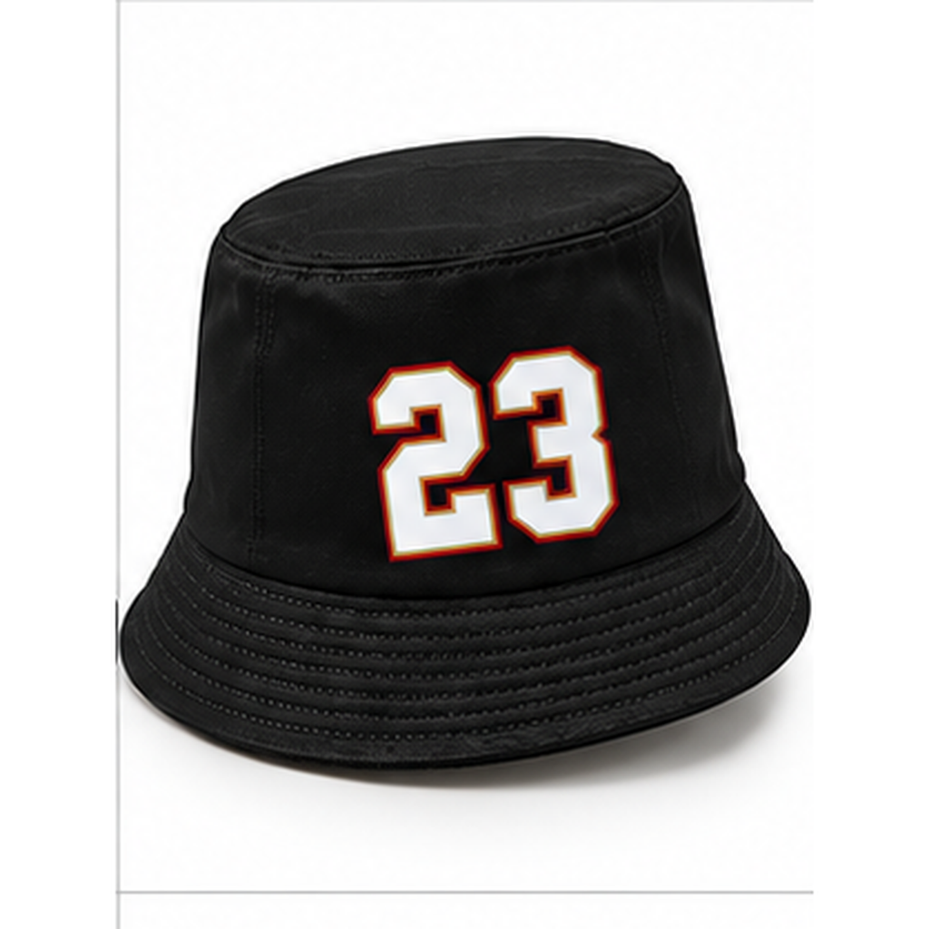 Christian McCaffrey #23 San Francisco football-inspired bucket hat in Black, Right Side view.