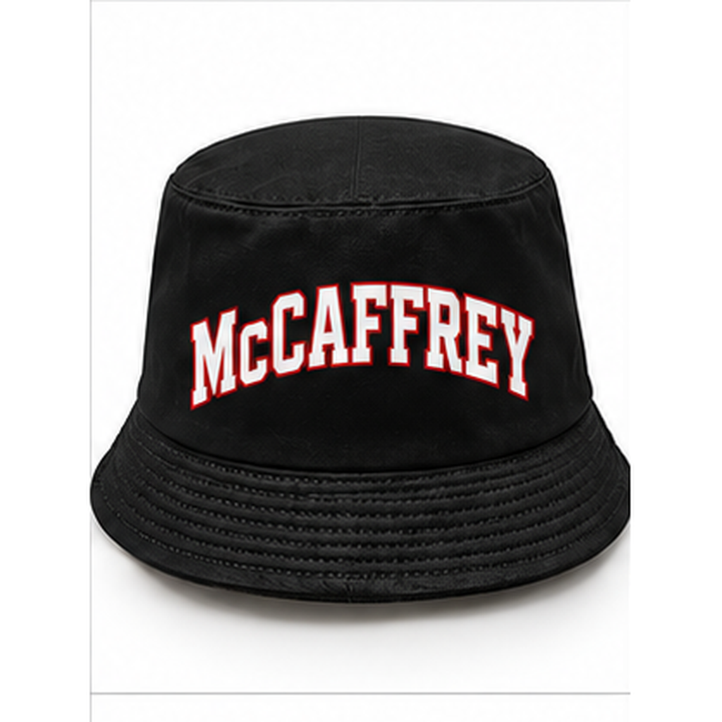 Christian McCaffrey #23 San Francisco football-inspired bucket hat in Black, Back view.