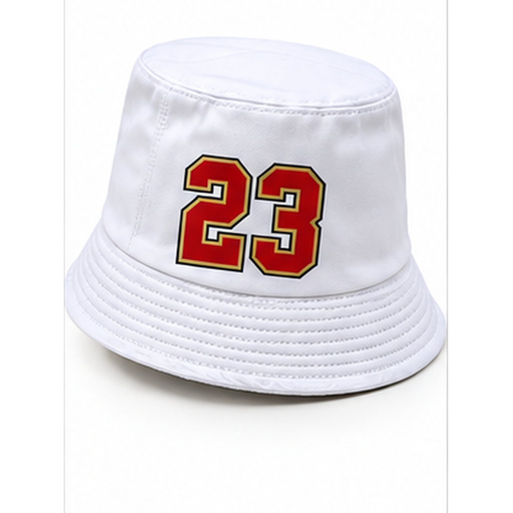 Christian McCaffrey #23 San Francisco football-inspired bucket hat in White, Left Side view.