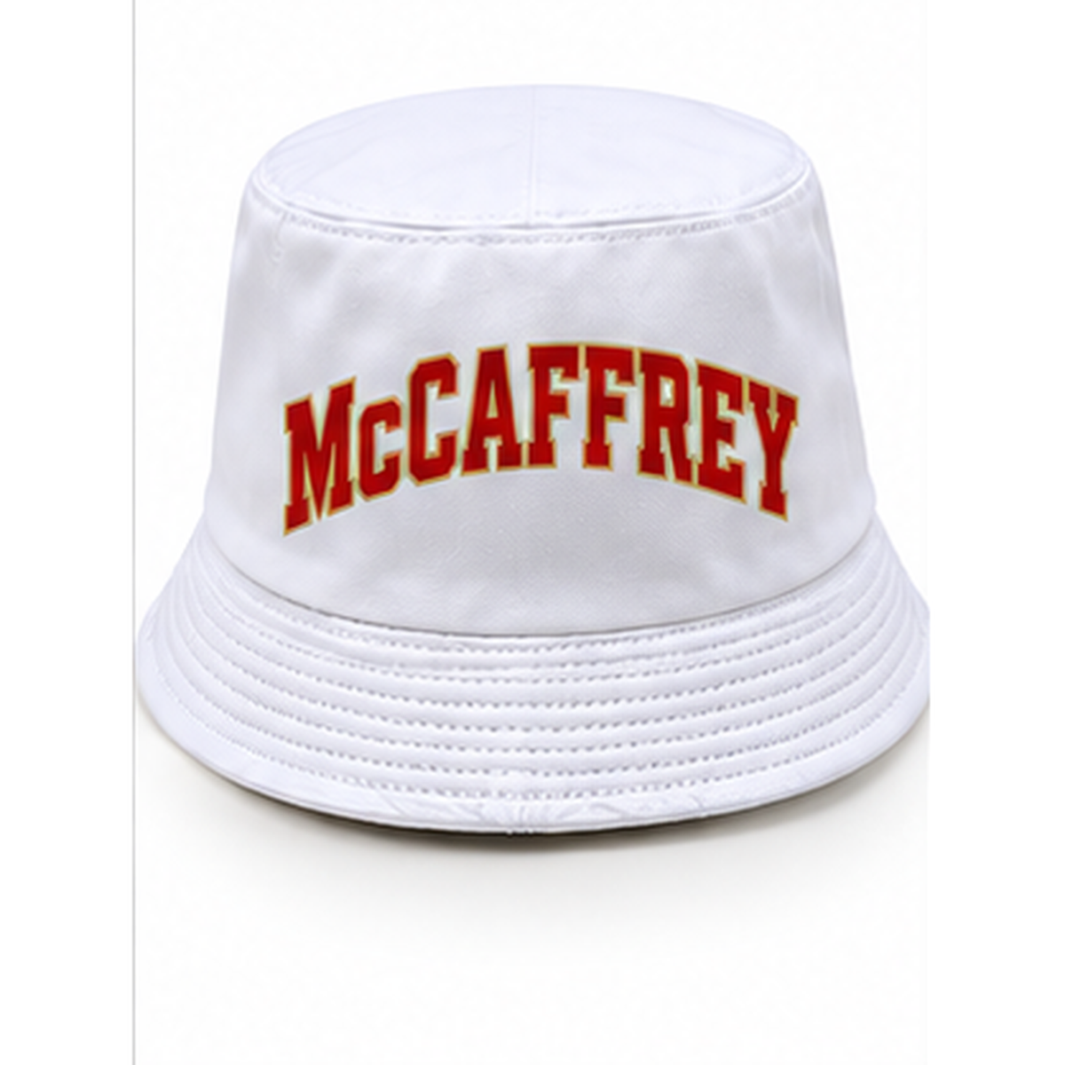 Christian McCaffrey #23 San Francisco football-inspired bucket hat in White, Back view.