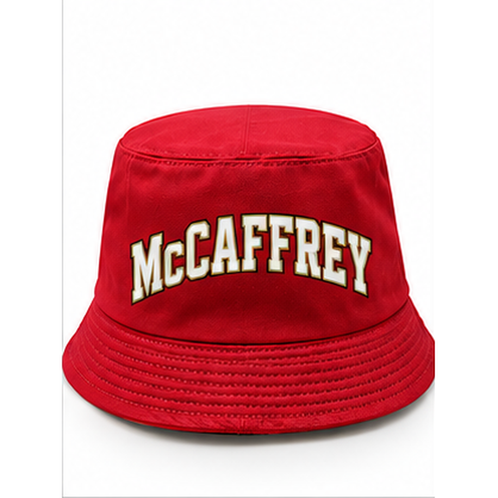 Christian McCaffrey #23 San Francisco football-inspired bucket hat in Red, Back view.