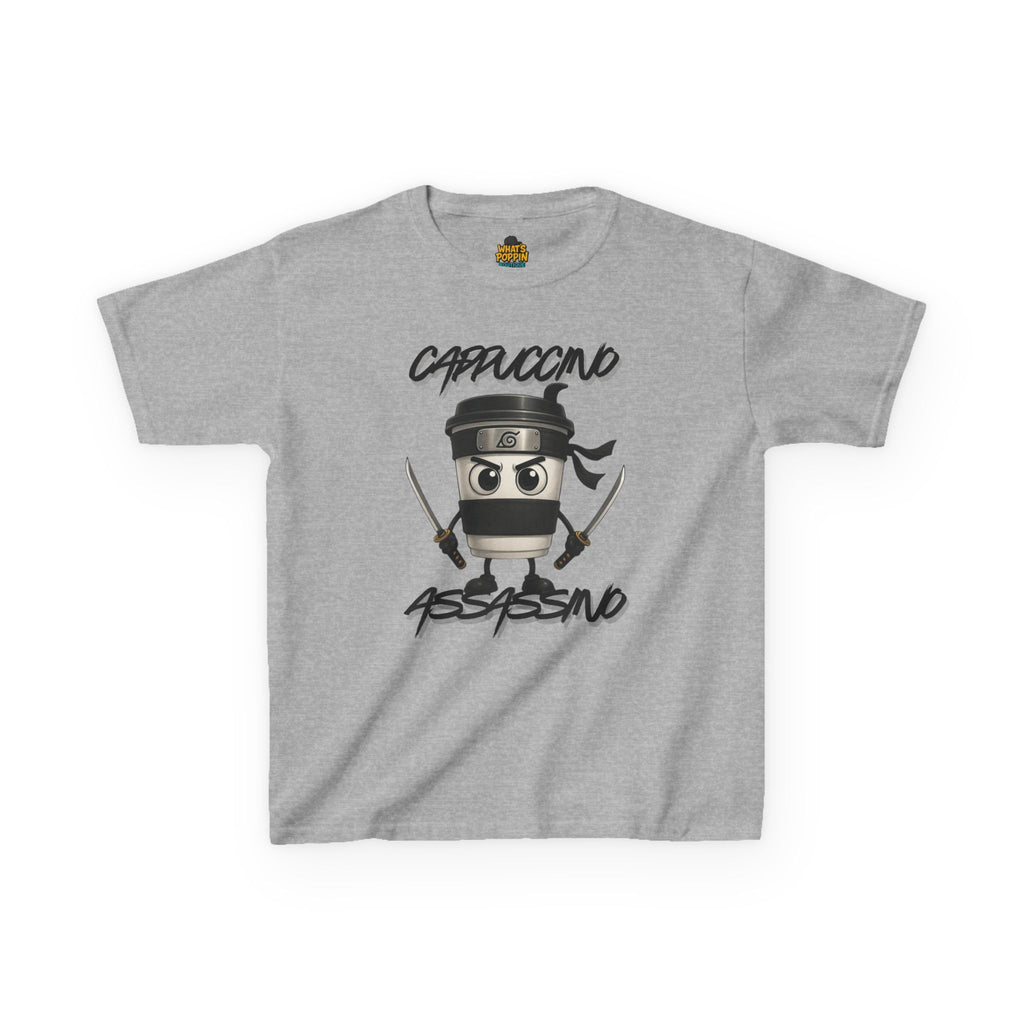 Cappuccino Assassino Kids T-Shirt – Funny Italian Brainrot Meme Tee | Silly Coffee Cup Character Shirt | Viral Trend Kids Graphic Tee