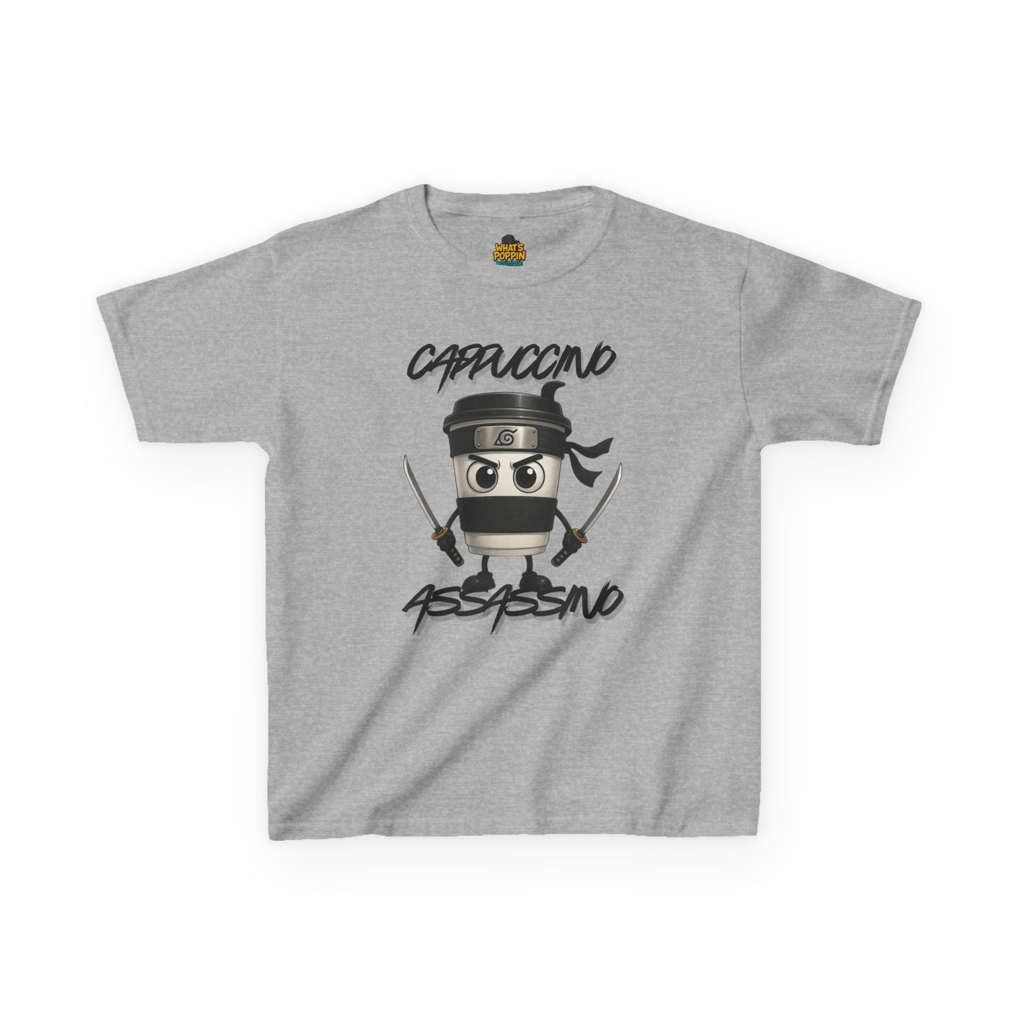 Cappuccino Assassino Kids T-Shirt – Funny Italian Brainrot Meme Tee | Silly Coffee Cup Character Shirt | Viral Trend Kids Graphic Tee
