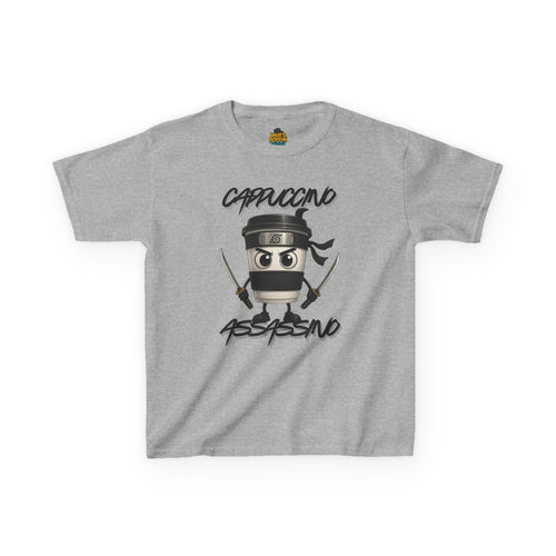 Cappuccino Assassino Kids T-Shirt – Funny Italian Brainrot Meme Tee | Silly Coffee Cup Character Shirt | Viral Trend Kids Graphic Tee